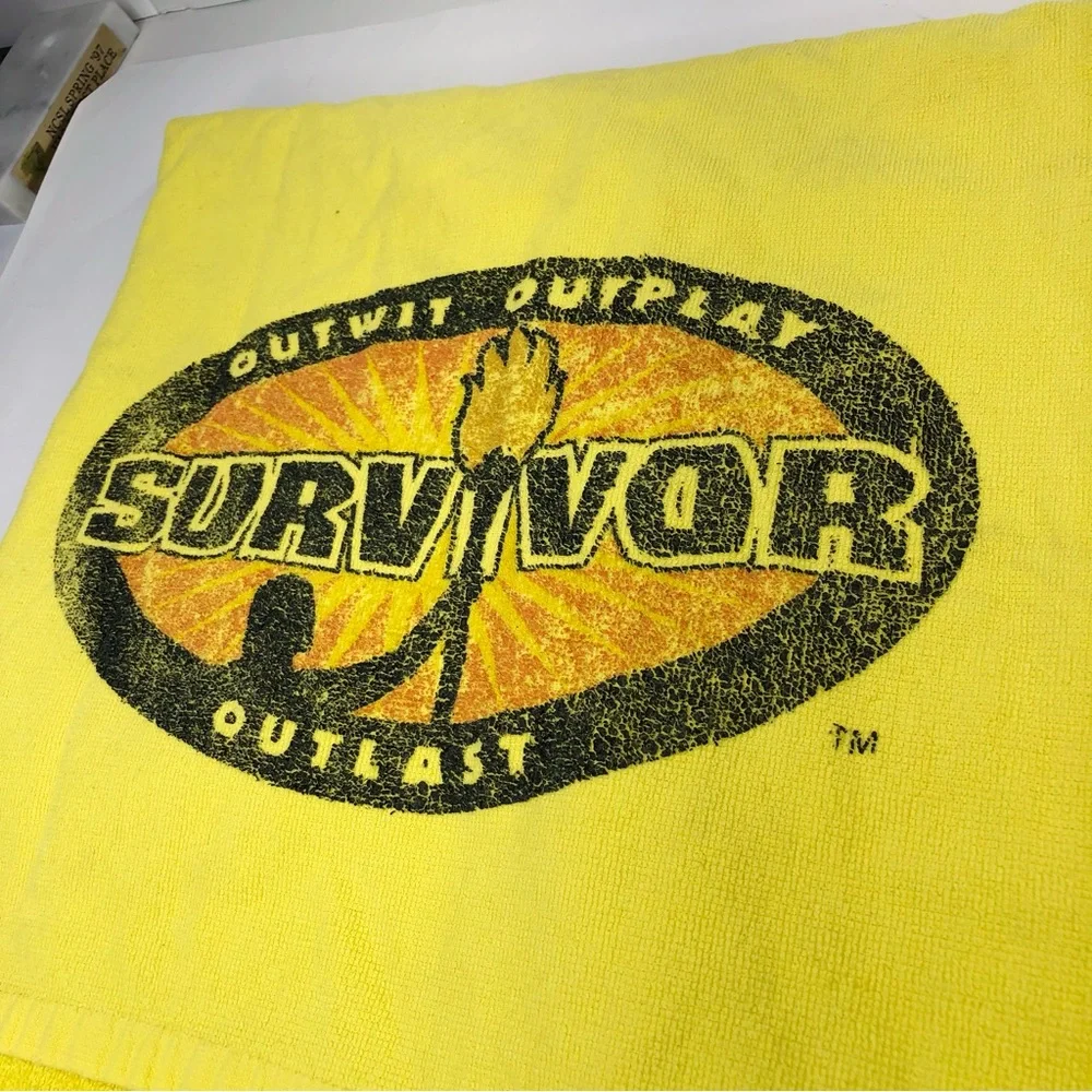 Vtg Magic Beach Towel Yellow Survivor Outwit Outplay Outlast Sun & Surf 30